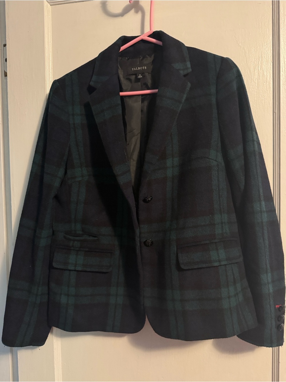 Talbots Green & Navy Plaid Wool Blazer